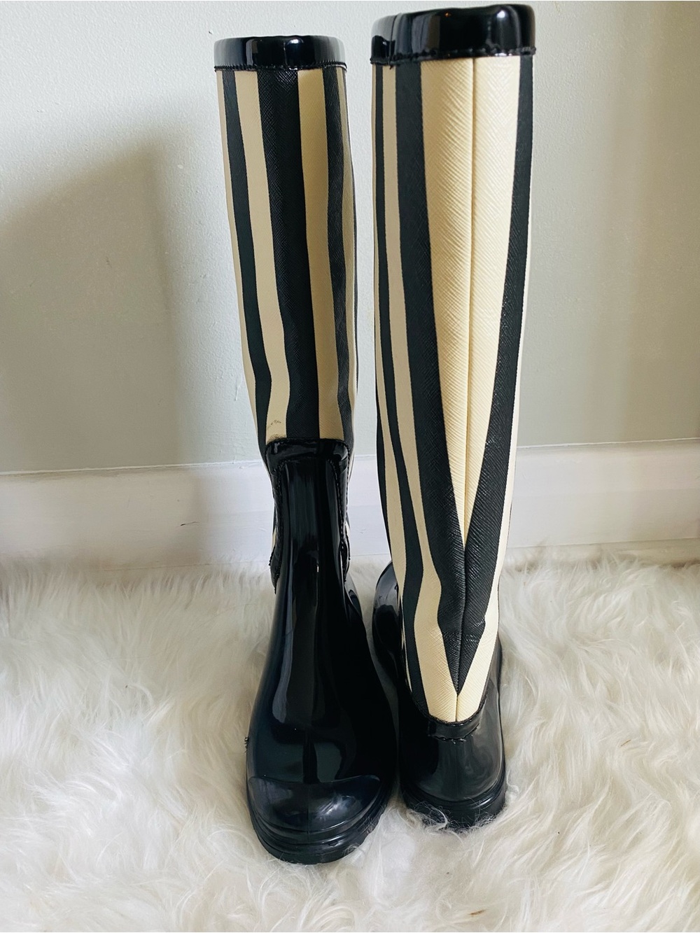 Dolce & Gabbana Wellington Knee High Black & Off White Striped Rain Boots - Picture 9 of 17